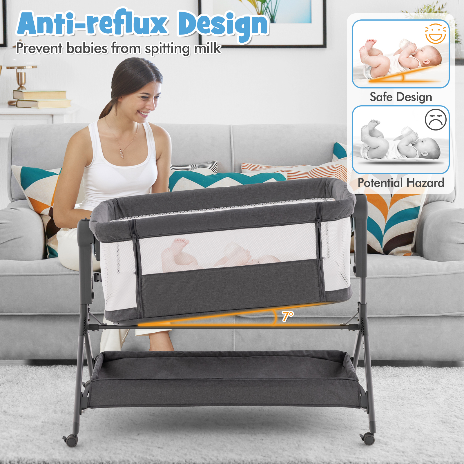 Costway Babyjoy Height Adjustable Bedside Sleeper Easy Folding Baby Crib with Storage Bag Gray/Pink