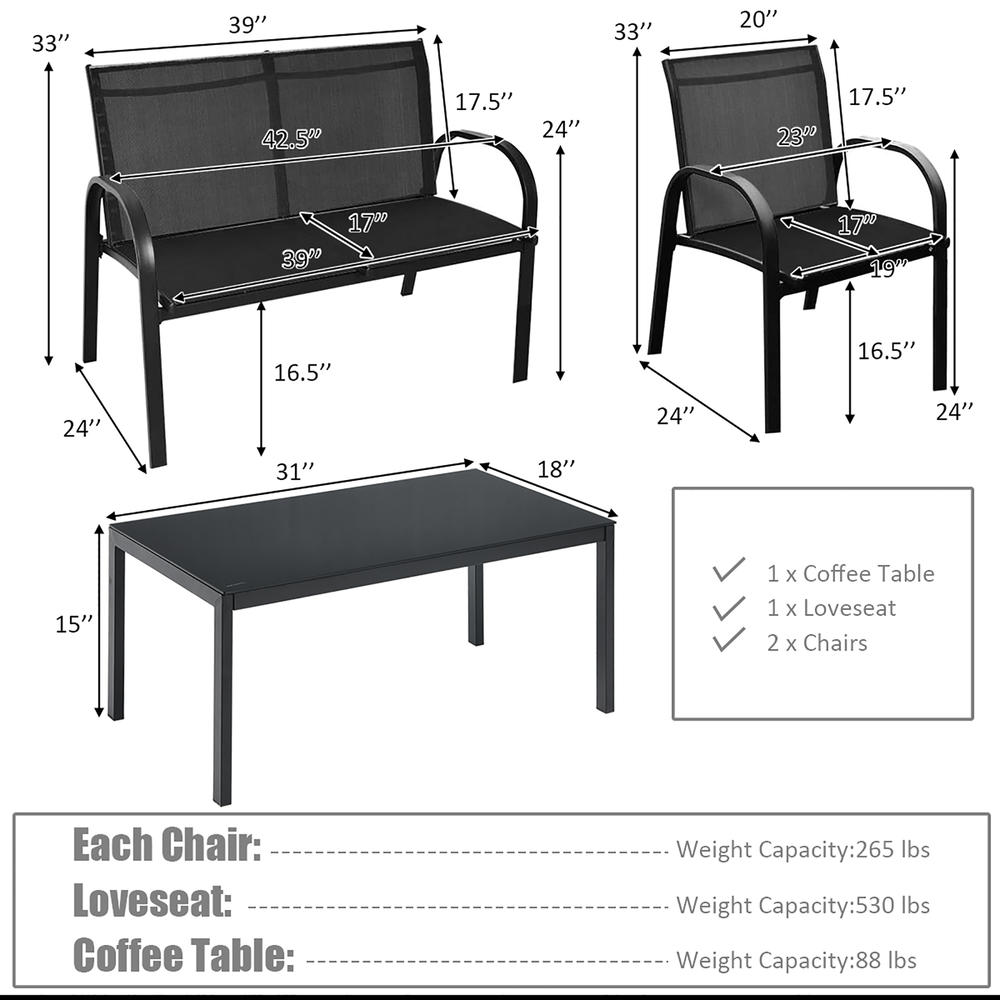 Costway 4 PCS Patio Furniture Set Sofa Coffee Table Steel Frame Garden Deck Black