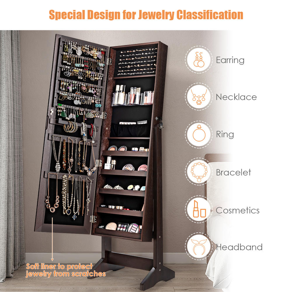 Costway Jewelry Cabinet Stand Armoire Box Lockable Organizer w/ Full Screen Mirror White\Brown