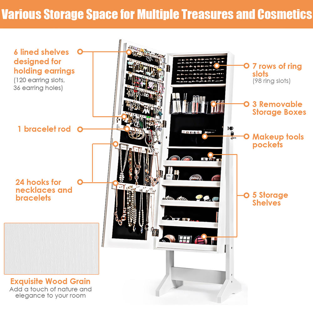 Costway Jewelry Cabinet Stand Armoire Box Lockable Organizer w/ Full Screen Mirror White\Brown