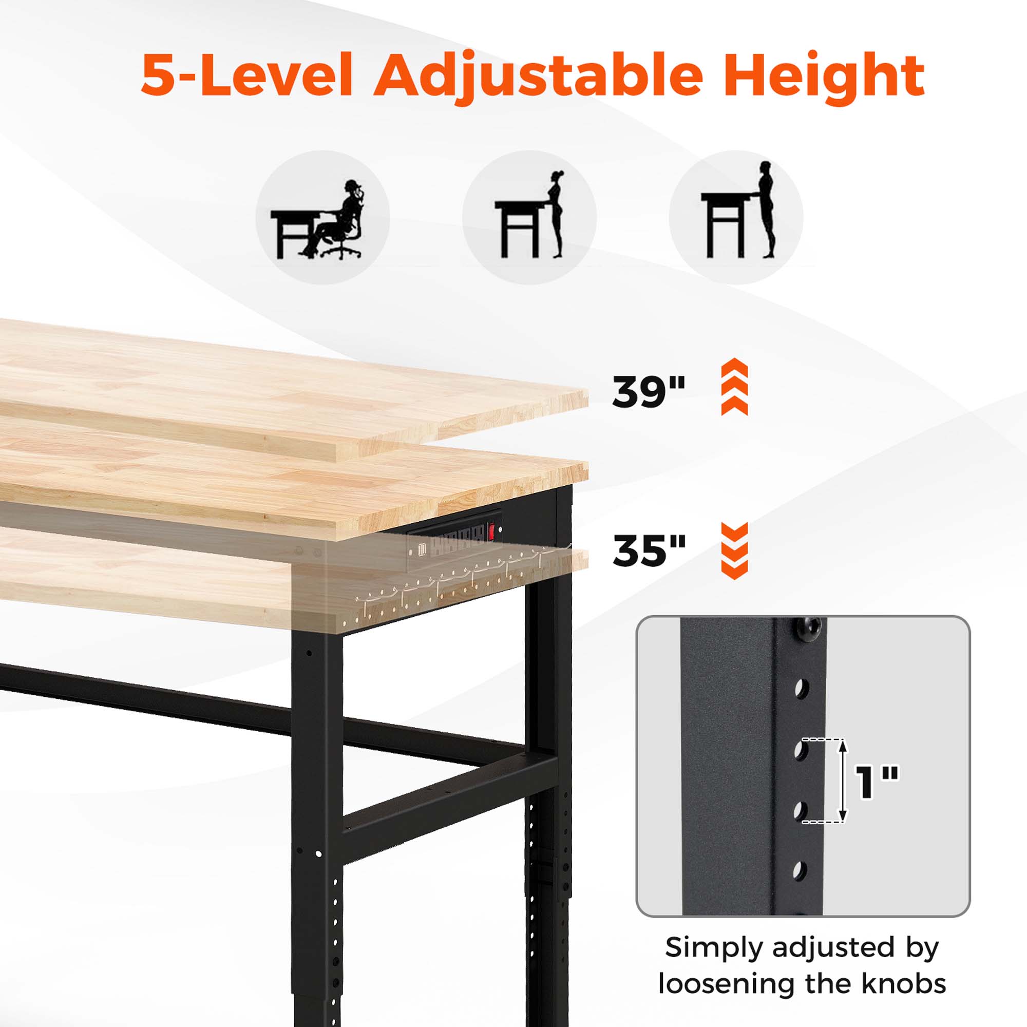 Costway 48" Adjustable Work Bench Heavy-Duty Steel Frame Worktable with Power Outlets