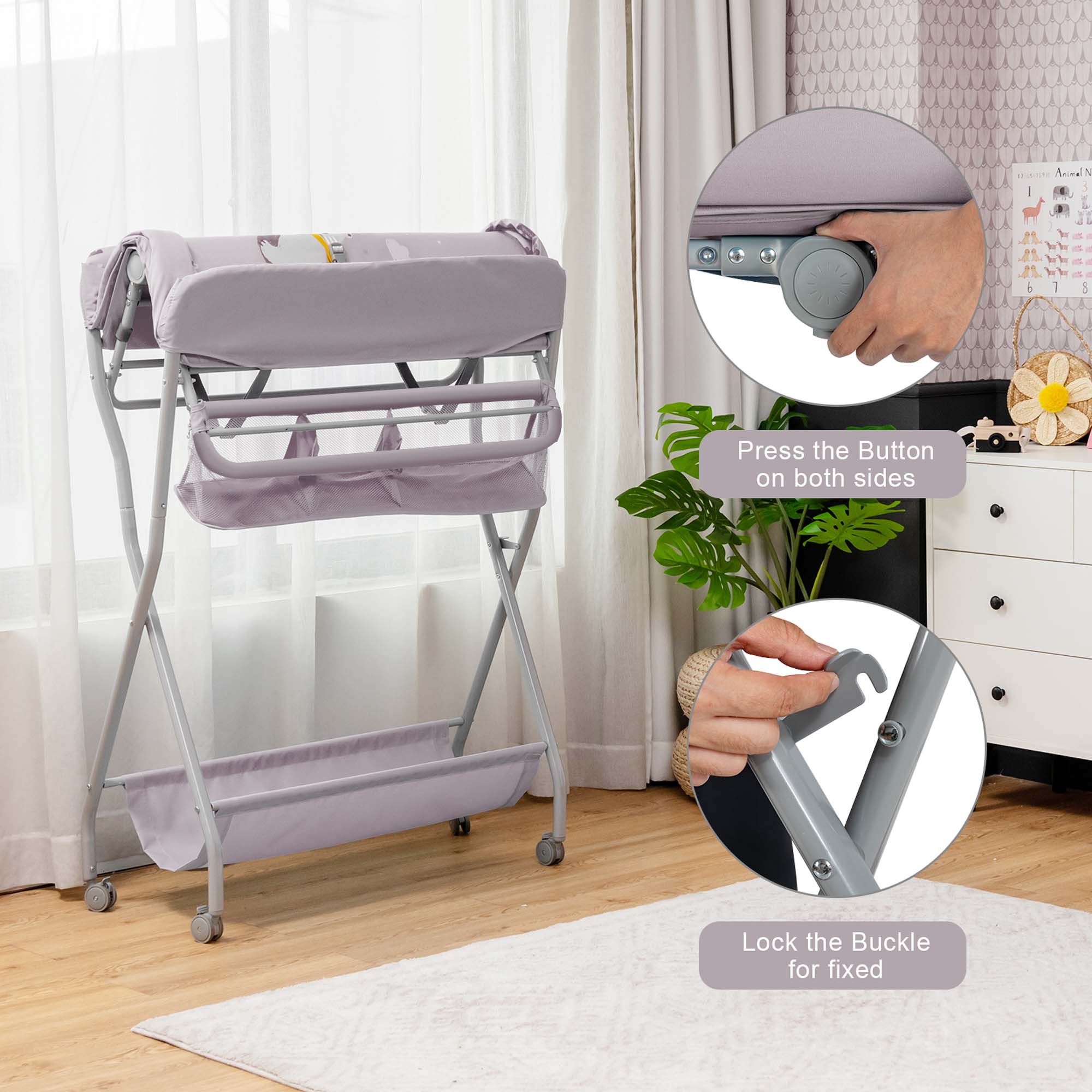 Costway Baby Changing Table Folding Diaper Changing Station w/ Safety Belt & Wheels Pink\Blue\Grey