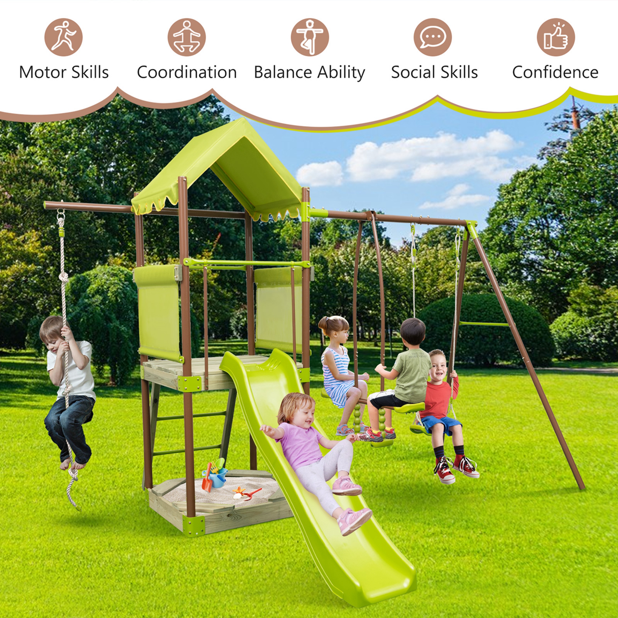 Costway 7-in-1 Swing Set with Covered Fort Height Adjustable Swing Climbing Rope Sandbox