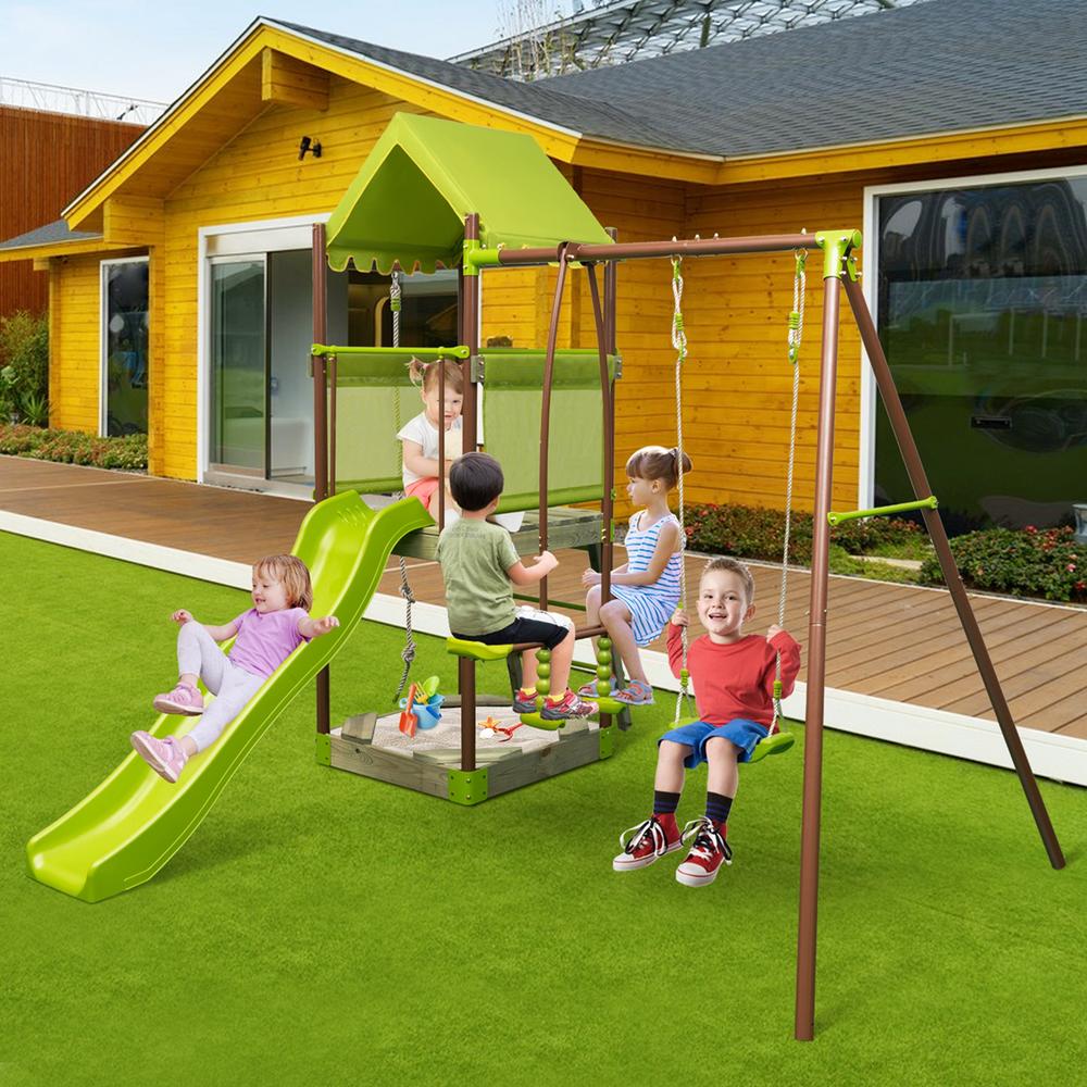 Costway 7-in-1 Swing Set with Covered Fort Height Adjustable Swing Climbing Rope Sandbox