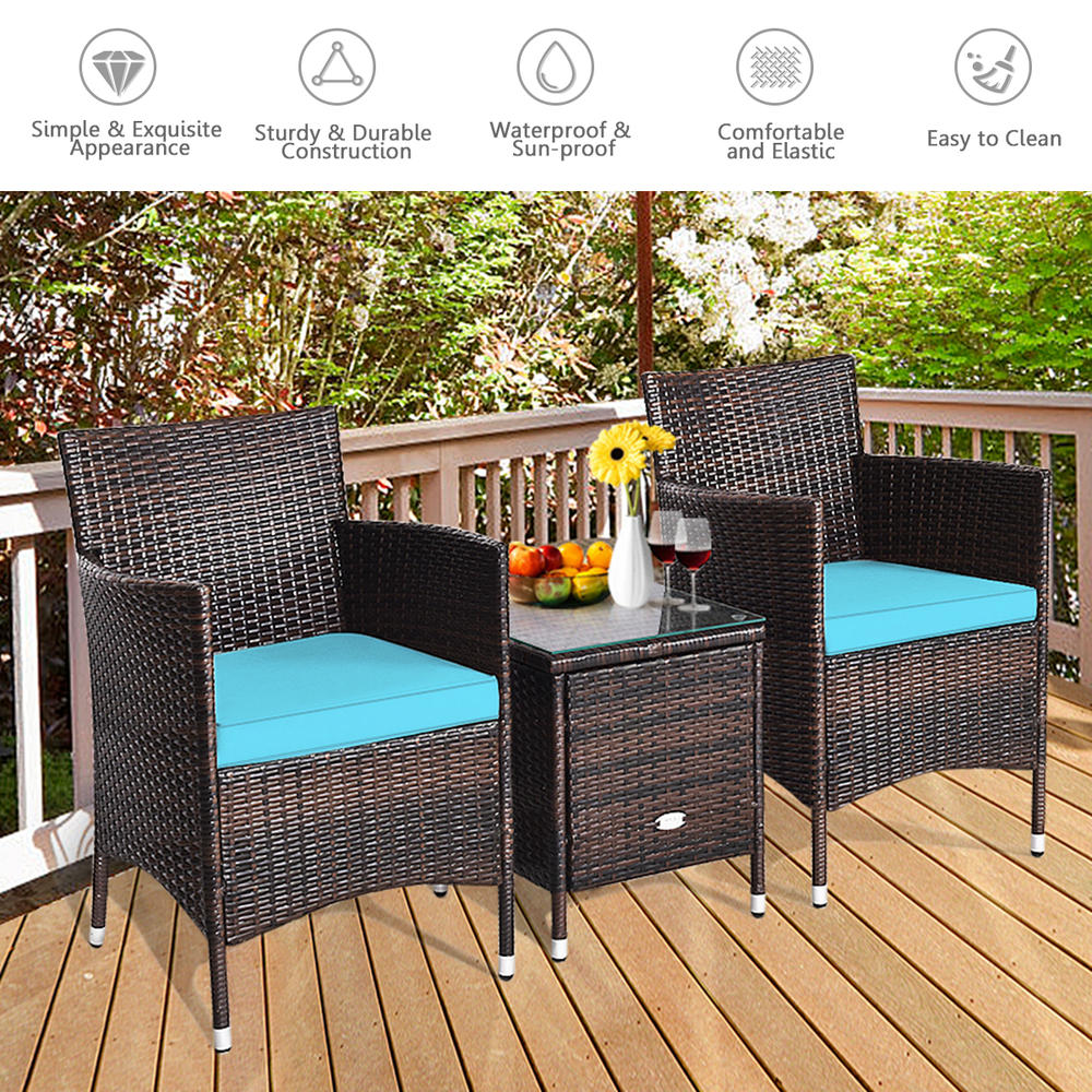 Costway Outdoor 3 PCS PE Rattan Wicker Furniture Sets Chairs  Coffee Table Garden