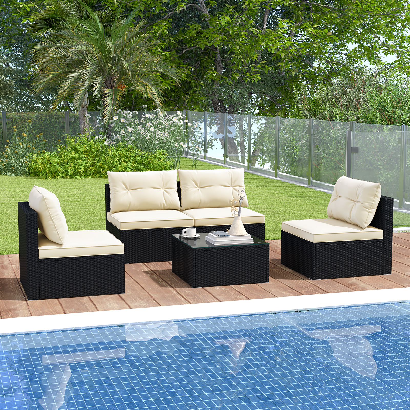 Costway 5 Pieces Outdoor Furniture Set with Seat & Back Cushions Tempered Glass Tabletop