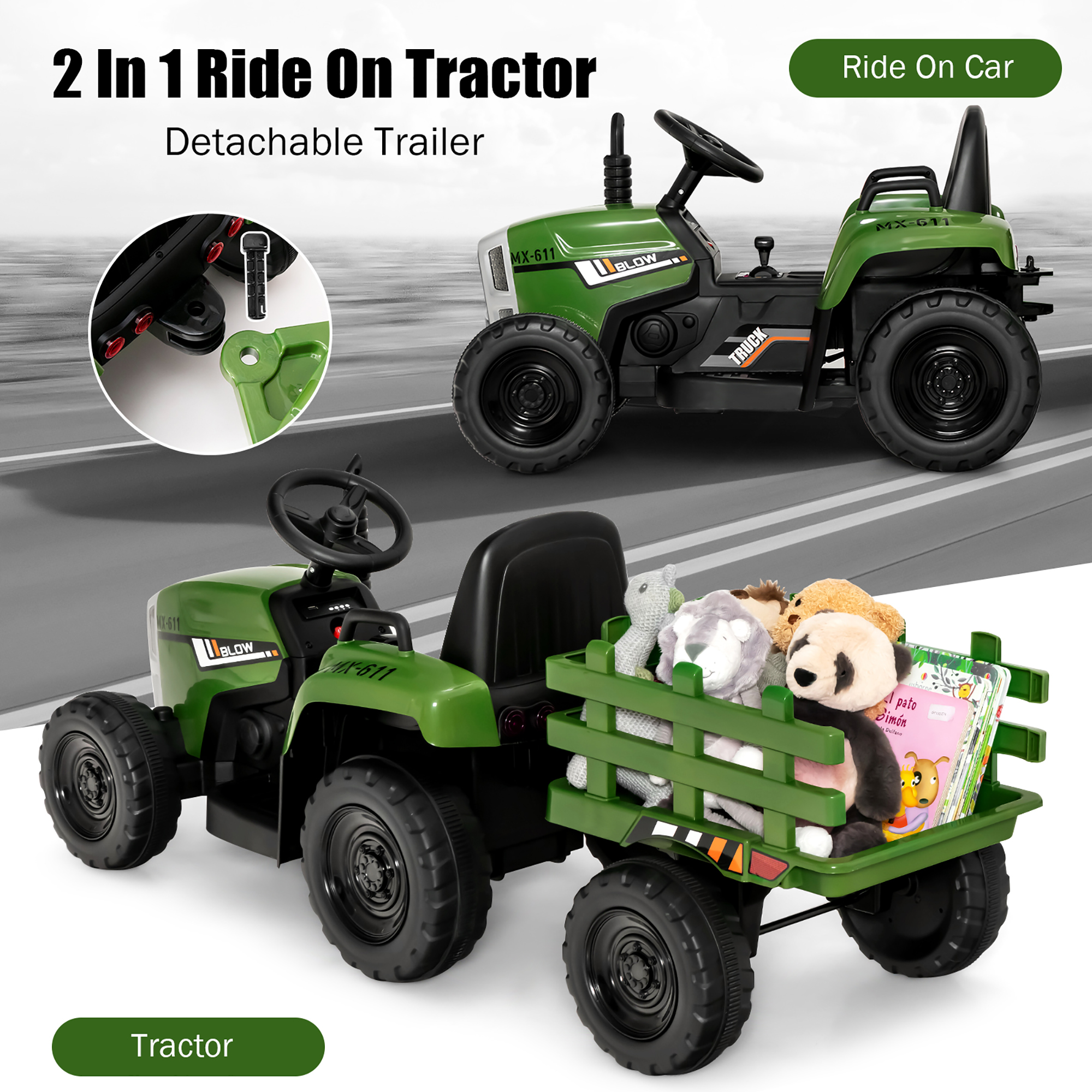 Costway 12V Kids Ride On Tractor with Trailer Ground Loader w/ RC & Lights Red\Pink\Green