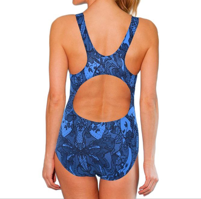 DOLFIN Women's Blue Lacey Round Neck One Piece Swimsuit #3511 NWT