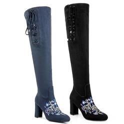 Ferwind Embroidery Ultra-Tall Boots Faux Suede Lace-up Detail Female Adult