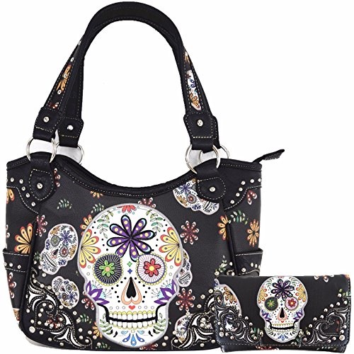 Sourpuss Sugar Skull Purse Western Concealed Carry Day Of The Dead Sugar Skull Purse Handbag Messenger Shoulder Bag Wallet Set