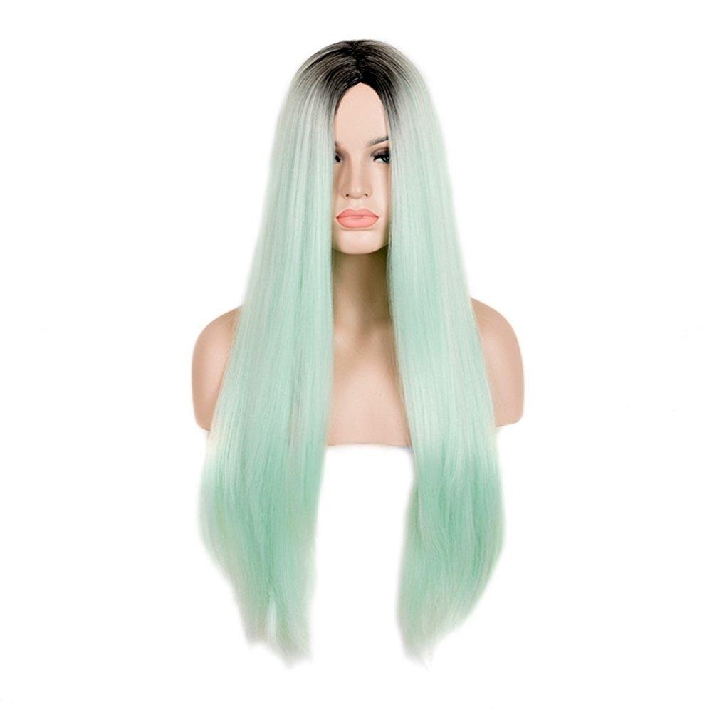 Siyi Siyi Long Straight Mint Green Wig Ombre Dark Brown Root