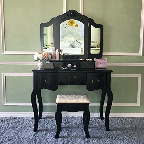 Blongang Vanity Table Set Tri Folding Mirror Make Up Blongang Vanity Table Set Tri Folding Mirror Make Up Bedroom Dressing With Stool 5 Drawers Black
