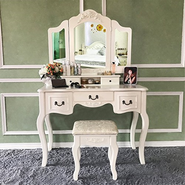 Blongang Vanity Table Set Tri Folding Mirror Dressing Blongang Vanity Table Set Tri Folding Mirror Dressing With Stool 5 Drawers Bedroom Makeup Ivor
