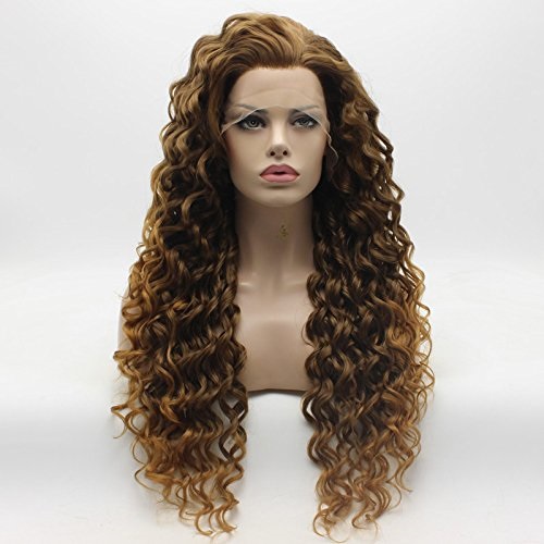 Lushy Long Curly Brown Blonde Ombre Wig Full Density Half Hand Tied Heat Friendly Synthetic Lace Front Wig