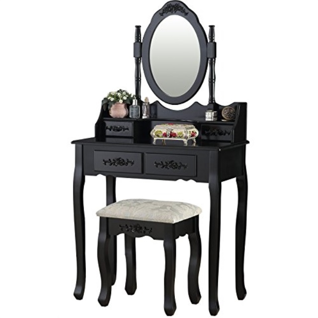 Mecor Vanity Table Set With Oval Mirror 4 Drawers Wood Makeup Dressing Bedroom And Cushioned Stool Black Mecor Vanity Table Set With Oval Mirror, Mecor Vanity Makeup Table Set