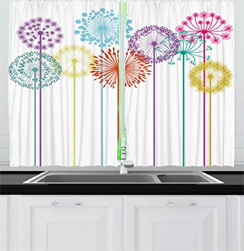 Ambesonne Floral Kitchen Curtains Flower Inspired Artwork Colorful Dandelions On White Background Illustration Print Window Drap