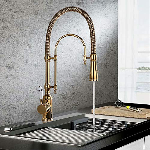 Kunmai Kunmai Single Handle High Arc Swiveling Dual Mode Pull Down Sprayer Kitchen Sink Faucet With Porcelain Handle In Polished Goldle