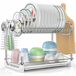 Dish Drying Rack Veckle 2 Tier Dish Drainer Easy Install Non Slip Dish Rack Chrome Plated Dish Dryer With Removable Drain Board