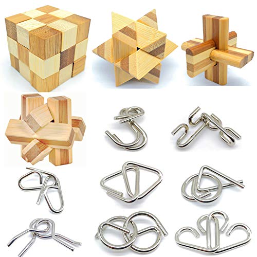 Qiandier Bamboo 3D Puzzle Metal Brain Teasers Puzzles Mind Game Toys Set  for Teens and Adults Pack of 12pcs