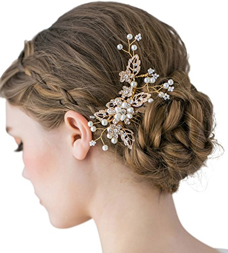SWEETV Wedding Hair Comb Crystal Clip Pearl Hairpin Rhinestone Bridal Hair  Accessories for Bride Bridesmaid Gold