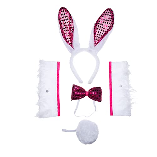 Spooktacular Creations 5 Pcs Bunny Accessories Set Including Sequin Bunny Rabbit Ears Headband, Bow Tie and Arm Cuffs for Hallow
