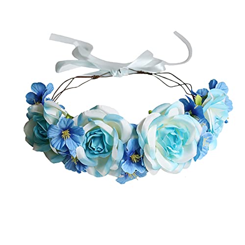 Vivivalue Rose Flower Crown Boho Flower Headband Hair Wreath Floral Headpiece Halo with Ribbon Wedding Party Festival Photos Blue by Viviv