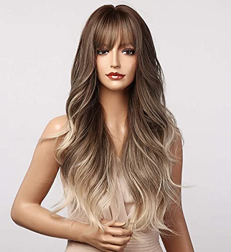 CLSHES Blonde Wig with Bangs Ombre Wigs for Women Synthetic Long Wavy Wig Ash Blonde Wig Curly Hair for Daily Party (Brown Ash Blonde)