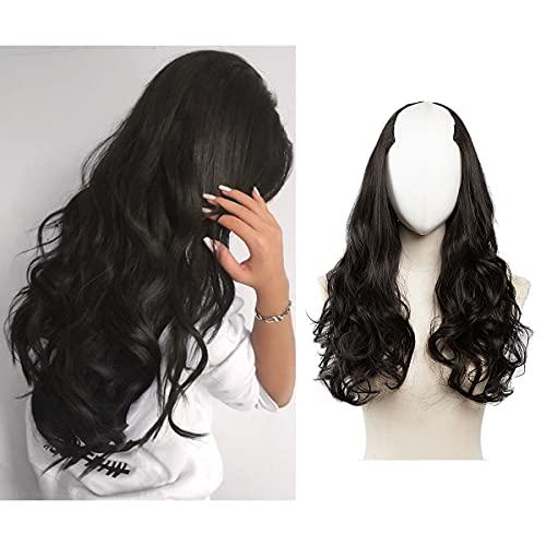 SARLA Black Clip in Hair Extensions U Part Synthetic Long Wavy Curly Full  Head Hair Wigs 24 Inch for Black Women Girls