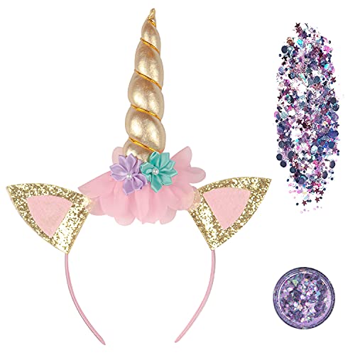 FUNCREDIBLE Unicorn Headband with Chunky Glitter | Unicorn Horn Headband and Chunky Glitter | Halloween Cosplay Party Little Pon