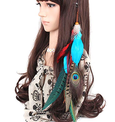 Fodattm Handmade Peacock Feather Hippie Hair Extension Headband Bohemia Feather  Hair Clips Comb with Bead Women Hairpin Headdress DIY Ac