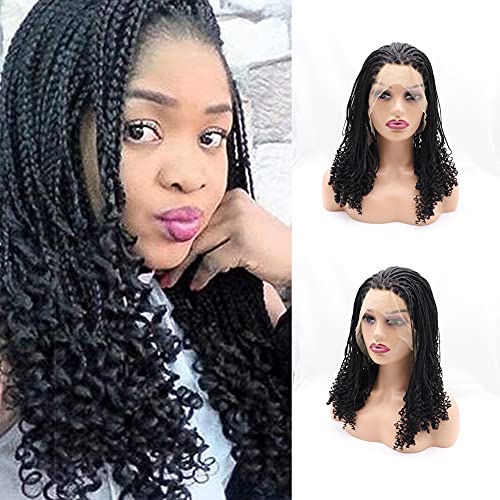 Kalisa Micro Black Lace Front Braid Wig for Women Black Curly Box Braided  Wig Fully Handmade Synthetic Curly Ends Lace Wig Heat Resista