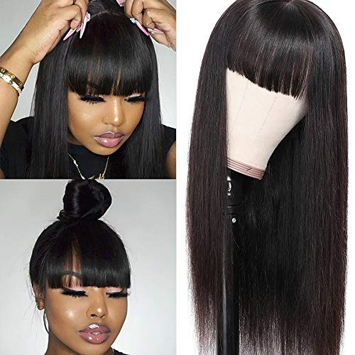 Lzlefho Liwihas Silky Brazilian Virgin Straight Human Hair Wigs with Bangs 130% Density None Lace Front Wigs Glueless Machine Made Wigs 