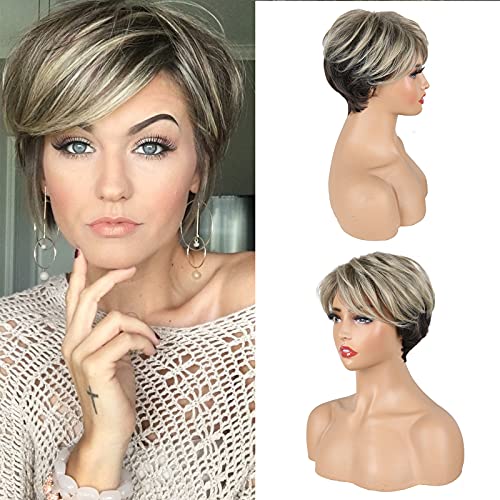 LEOSA Short Blonde Wig Pixie Cut Wig with Bangs Ombre Brown Short Curly Wigs for White Black Women Wavy Fluffy Layered Synthetic