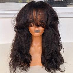 Goldenparty Hair 200% Yaki Wavy Wigs with Bangs Scalp Top Yaki Wig Brazilian Virgin Human Hair Yaki Wave Wig For Black Women Natural Color 16 Inc