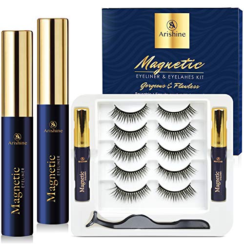 Arishine Magnetic Eyelash kit, Magnetic Eyelashes with Eyeliner Kit, 5 Pairs Same Upgraded Reusable Magnetic Lashes Natural Look