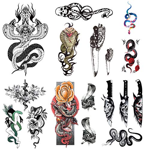 YAKAGO 12Pcs Dagger Snake Temporary Tattoos For Men Boys Women Girls