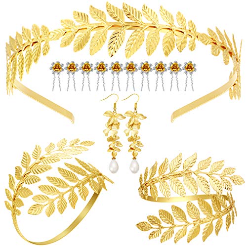 Willbond 15 Pieces Goddess Costume Accessories Set Including Greek Leaf Bracelet, Golden Leaves Bridal Hair Crown Headband, Artificial Pe