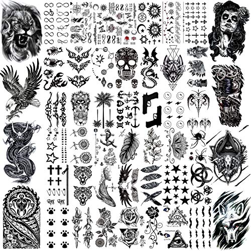 VANTATY 50 Sheets Black Temporary Tattoos For Men Adults Ealge Dragon Lion Wolf Animals, Fake Small Temporary Tattoos For Women 