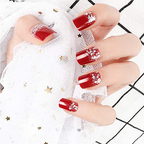 Liarty 24pcs False Nail Glitter Decorated Solid Red Short Square Full False Nails Tips Red Glitter