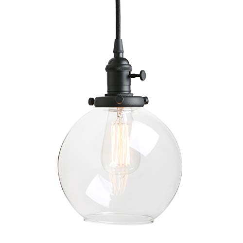 Pathson Black Pendant Light with Globe Round Glass Shade, Metal Base Cap and Adjustable Textile Cord, Industrial Style Retro Han