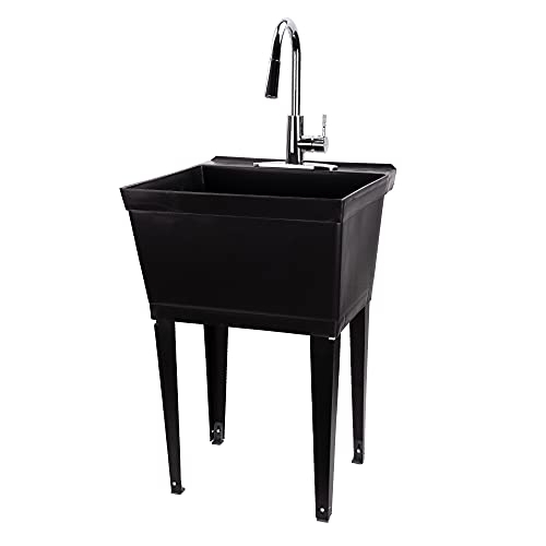 JS Jackson Supplies Black Utility Sink Laundry Tub with High Arc Chrome Kitchen Faucet, Pull Down Sprayer Spout, Heavy Duty Slop