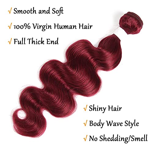 X-TRESS Brazilian Remy Hair Burgundy Bundles with Free Part Lace Closure Body Wave Human Hair Extension 100% Virgin Human Hair W