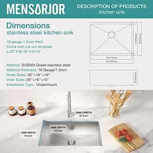 Kitchen Sink, MENSARJOR 30 x 18 Undermount Single Bowl Kitchen Sink 16 Gauge Stainless Steel Kitchen Sink
