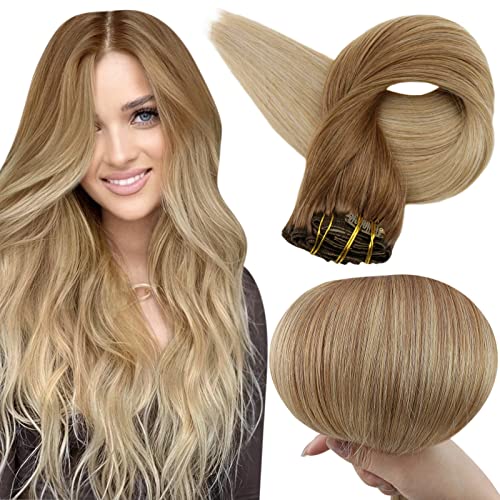Full Shine Clip in Hair Extensions Human Hair Ombre 14 Inch Clip in Extensions  Remy Hair Balayage Color 10 Fading To 14 Blonde E