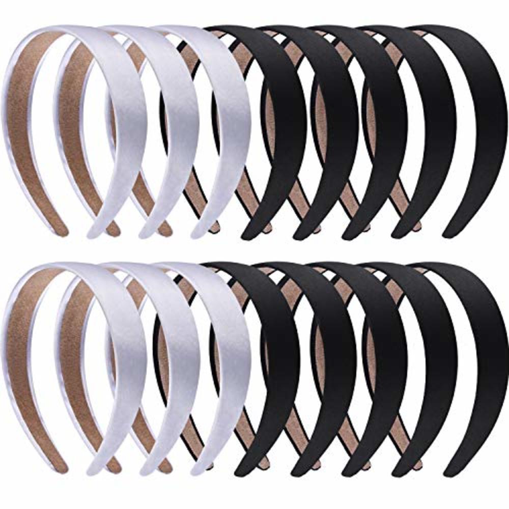 SIQUK 16 Pieces Satin Headbands 1 Inch Black and Silver Hairbands Ribbon Headband DIY Hair Accessories for for Women and Girls