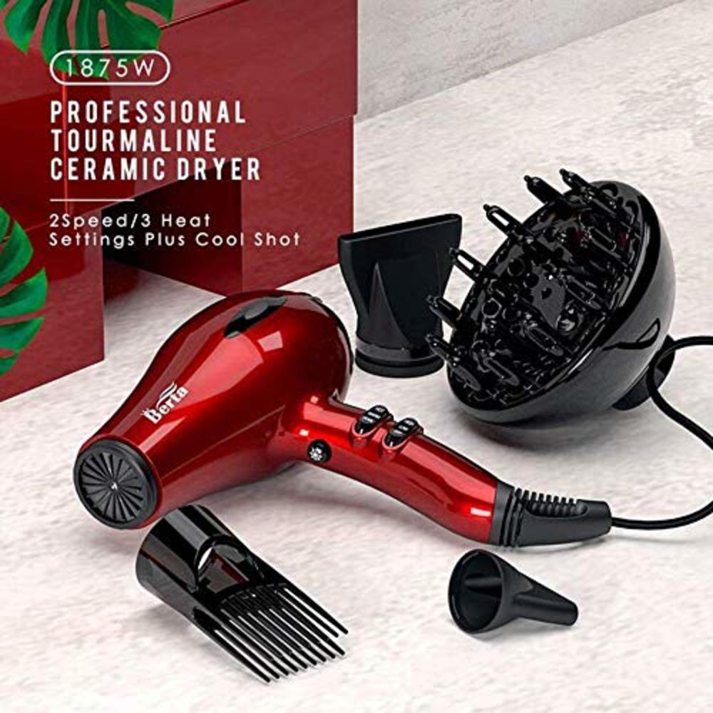 BERTA 1875W Tourmaline Hair Dryer Ionic Frizz Control Fast Drying Blow Dryer  Professional Hairdryer 2 Speed