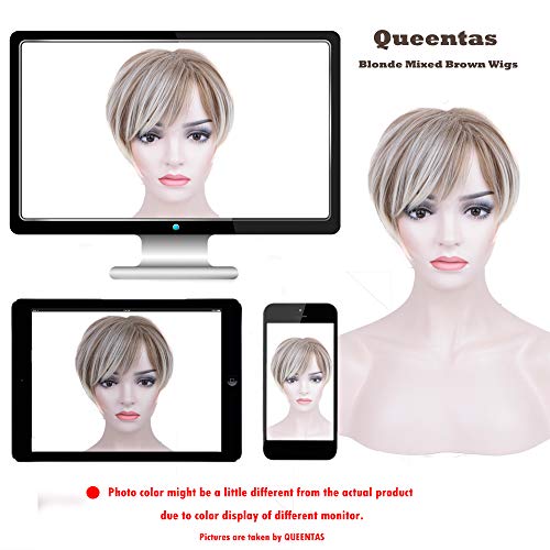 Queentas Pixie Short Blonde Wig with Bangs Dark Roots Synthetic Hair Wigs for White Women (Brown Mixed Blonde)