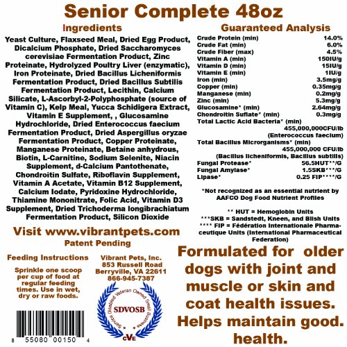 Vibrant Pets Senior Complete Dog Immune System Supplement | Older Dog Muscle and Joint Supplement with Probiotics & Enzymes for 