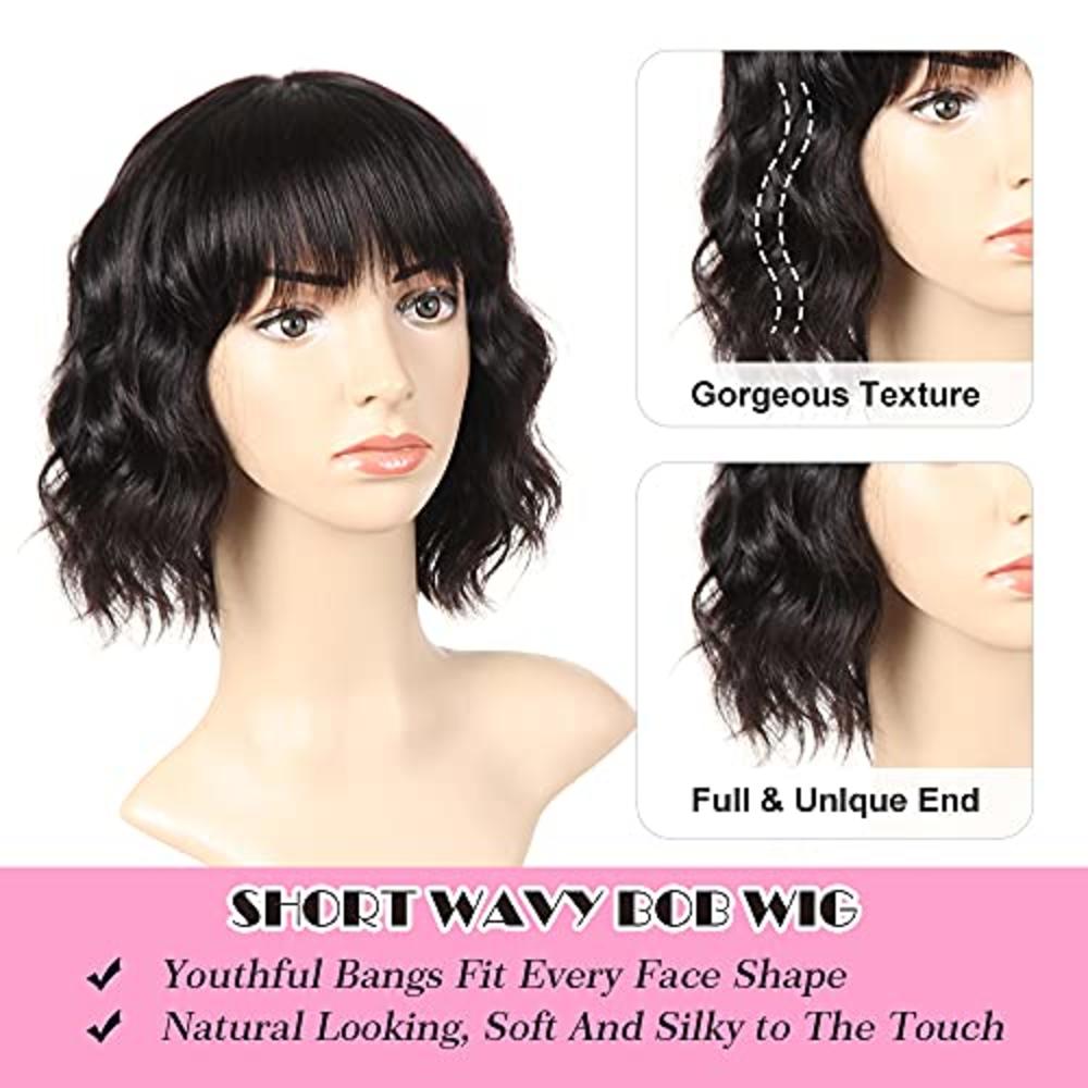 PANEWAY Body Wave Human Hair Wigs With Bangs Short Wavy Bob Wig Human Hair  Wigs For