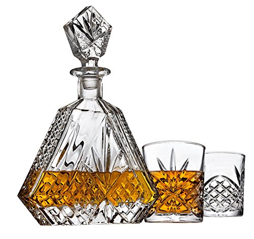 Lefonte Whiskey Decanter Set with 2 Old Fashioned Whisky Glasses for Liquor Scotch Bourbon or Wine - Irish Cut Triangular